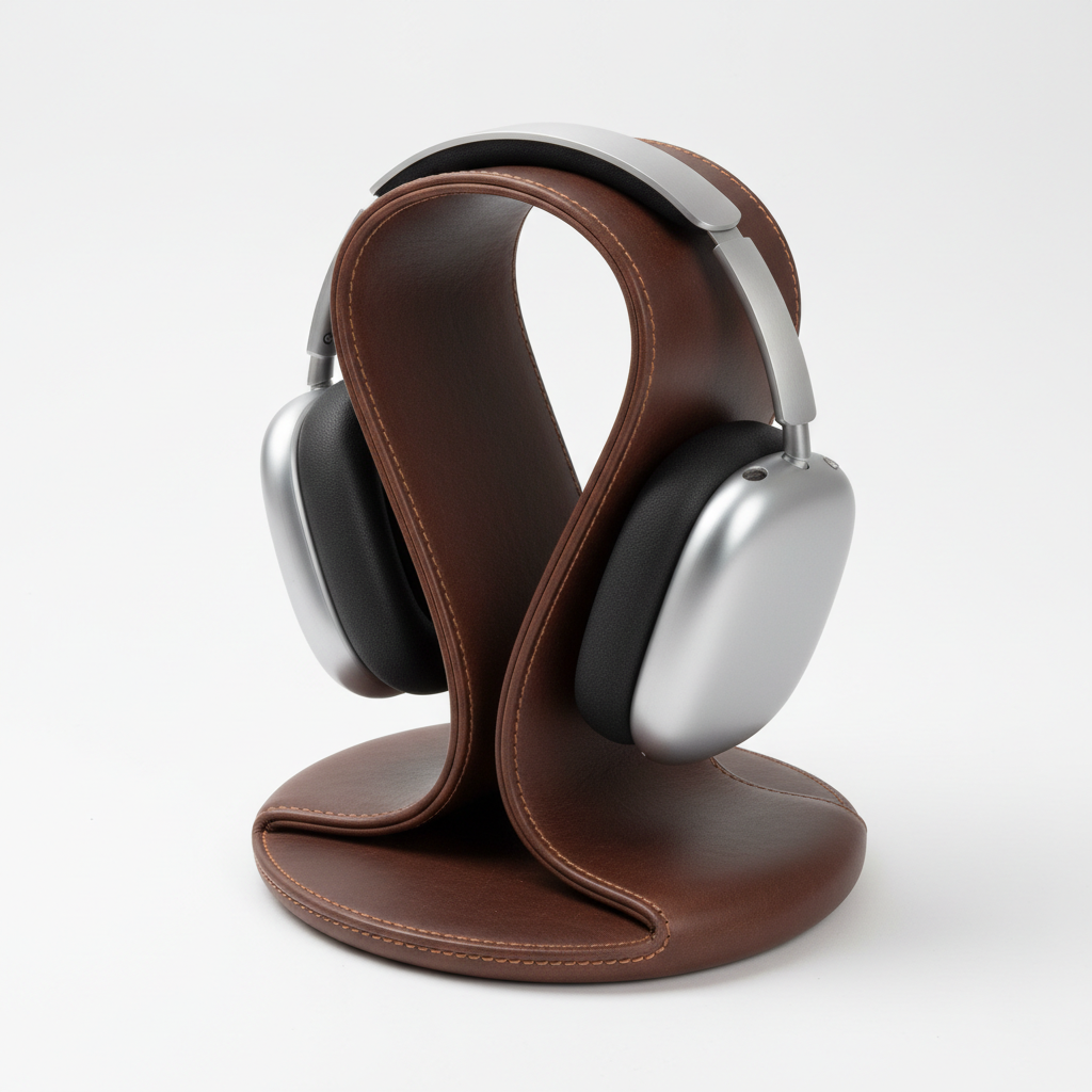 Suport AirPods Max din piele full-grain — detaliu cusătură vedere de sus