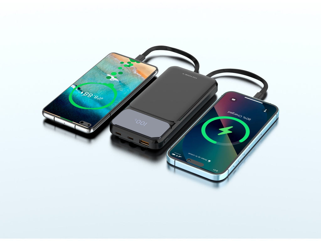 Techancy Power Bank 10000 mAh 22.5W TF2782 — Cablu 3în1 Type-C+Lightning+USB, Ecran Digital