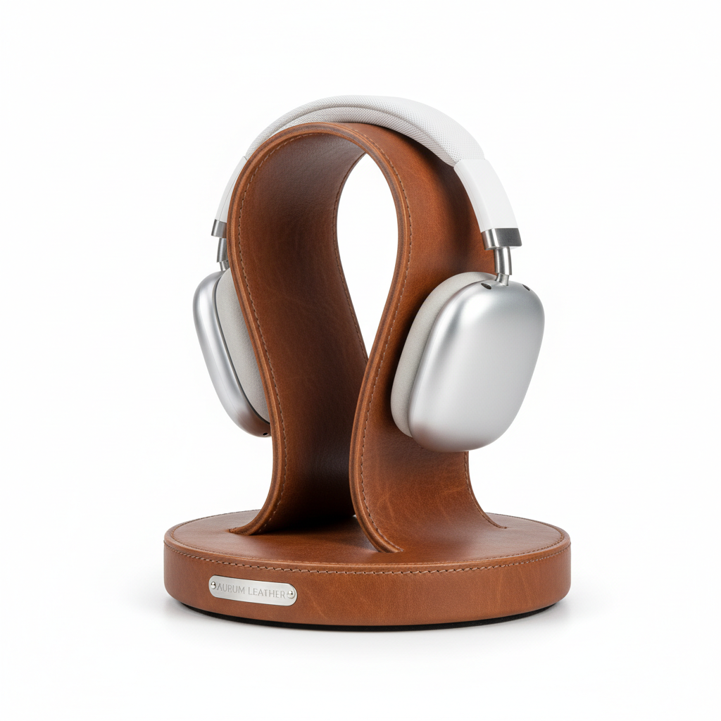 Suport AirPods Max din piele full-grain maro — vedere laterală