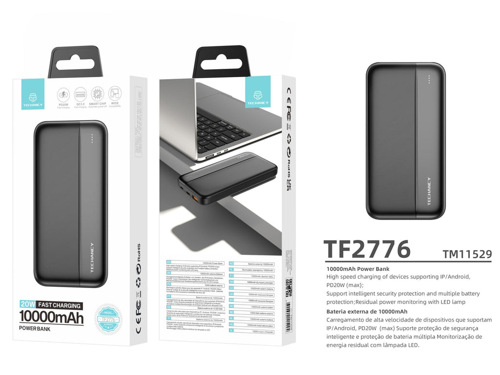 Techancy Power Bank 10000 mAh TF2776 Negru — Încărcare Rapidă PD 20W pentru Smartphone și Tabletă