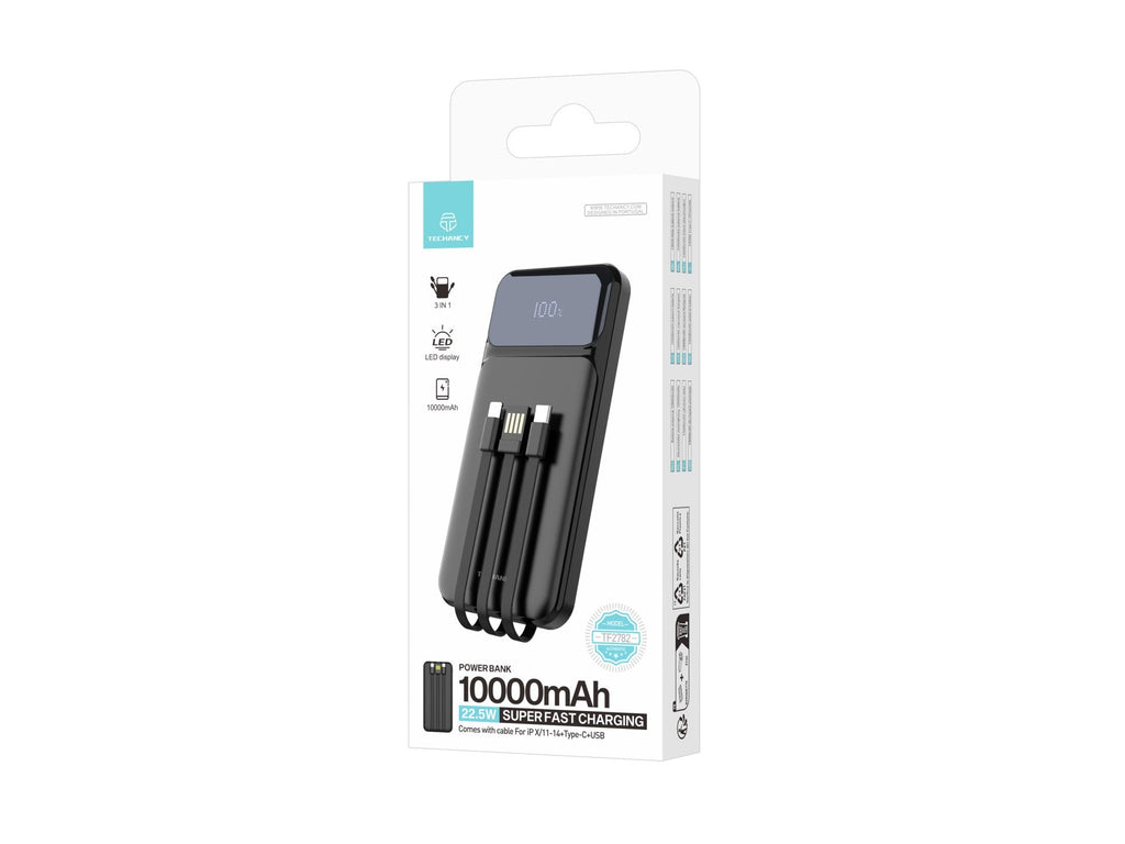 Techancy Power Bank 10000 mAh 22.5W TF2782 — Cablu 3în1 Type-C+Lightning+USB, Ecran Digital