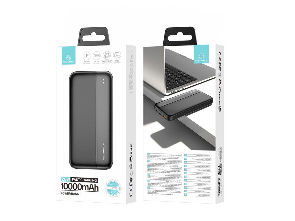 Techancy Power Bank 10000 mAh TF2776 Negru — Încărcare Rapidă PD 20W pentru Smartphone și Tabletă